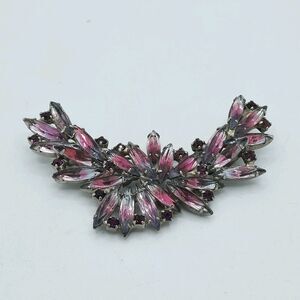 VTG Juliana D&E Silver Tone Amythest Navette Rhinestones Leaf Feather Brooch Pin